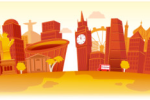 The image is an illustration of famous global landmarks, including the Christ the Redeemer statue, Big Ben, the London Eye, and Onion Domes, styled in orange and yellow tones.